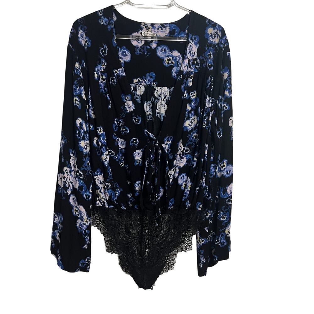 Intimately Free People Black Blue Floral Tie Lace Body Suit Medium